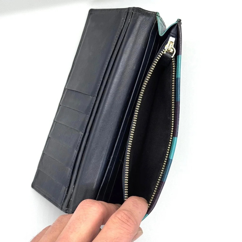 Paul Smith Black Leather Continental Wallet Long Bifold Zip Pocket Striped‎ Trim